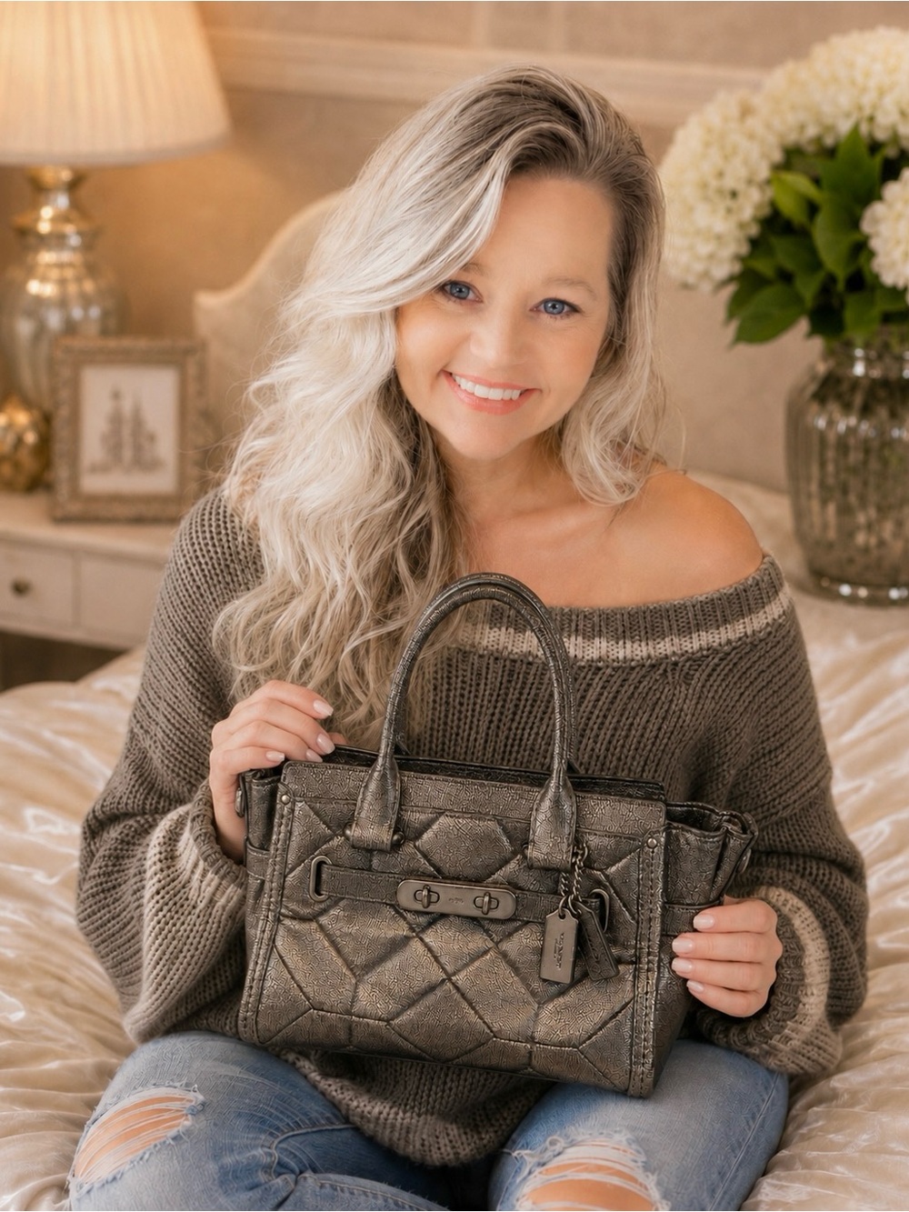 Coach Swagger 27 Metallic Patchwork Gunmetal Pewter Leather Satchel Tote Bag